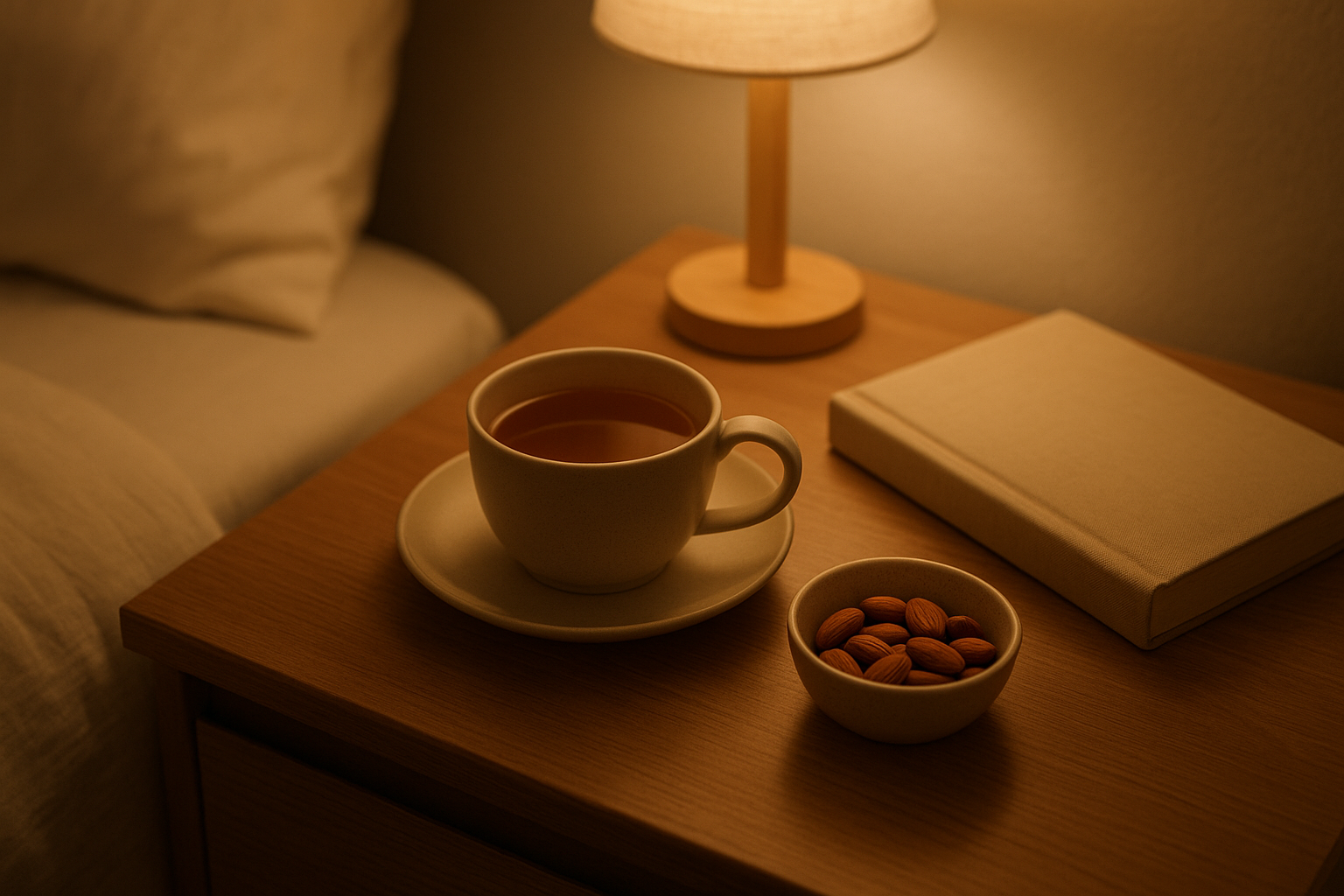 야식 대신 허브차와 아몬드가 놓인 침대 옆 테이블 사진