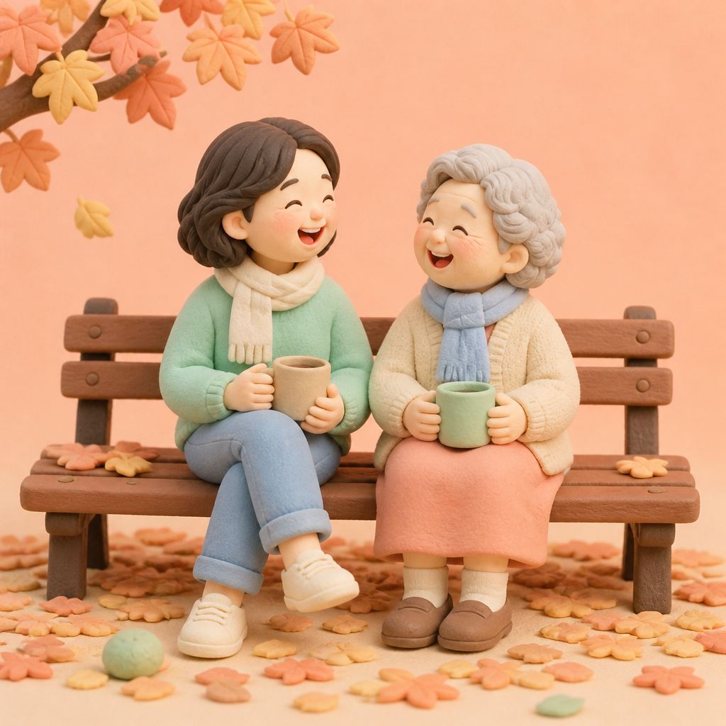 가을 공원 벤치에서 어머니와 나란히 앉아 이야기하는 40대 딸