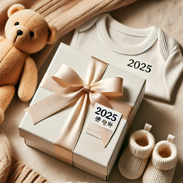 출산장려금을 상징하는 선물 박스와 아기 옷, 곰인형 세트