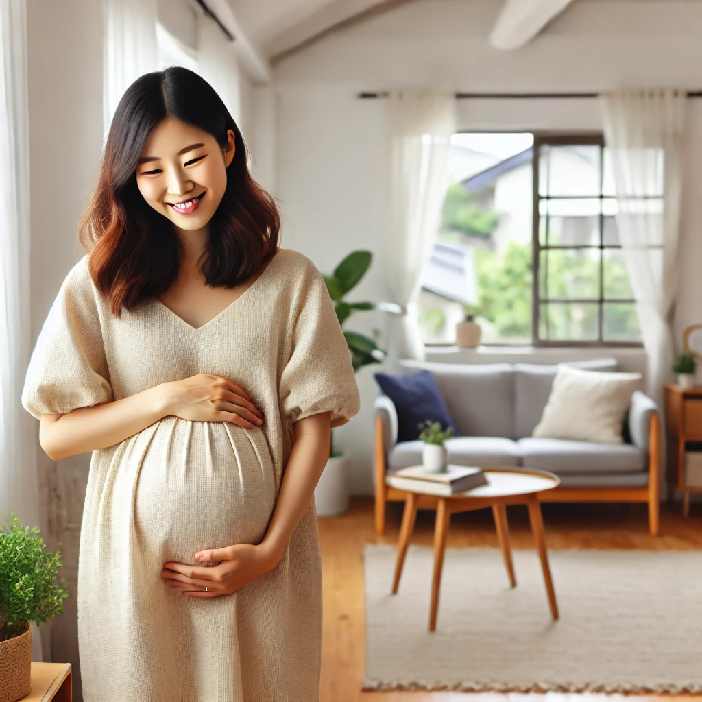 임신한 한국인 여성이 밝은 거실에서 배를 감싸며 미소 짓는 모습