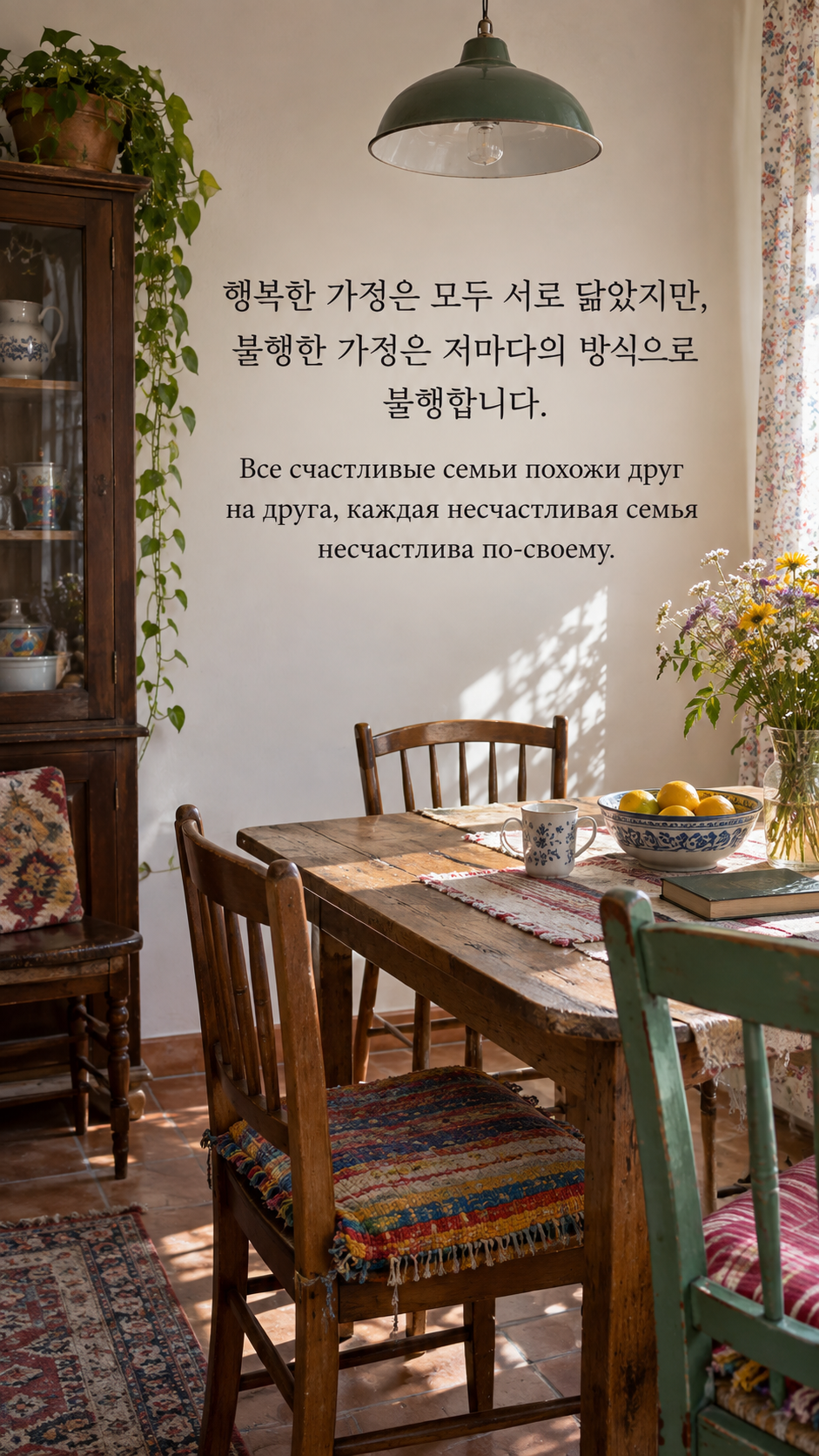 서로 다른 불행을 함부로 재단하지 않기 — 서로 다른 의자가 놓인 빈 식탁