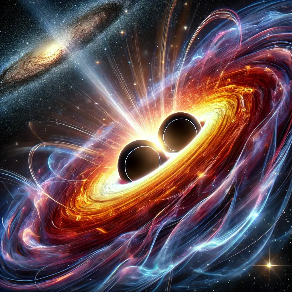 두 블랙홀의 충돌 장면을 묘사한 그림, 두개의 블랙홀이 충돌하고 있고 그 주변으로 빛의 파장이 소용돌이 치며 빨려들어가고 있는 모습이다.