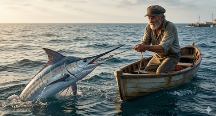 거대한 청새치와 사투를 벌이며 바다를 '라 마르'라 부르는 노인 산티아고 (The old man Santiago fighting a giant marlin and calling the sea 'la mar')