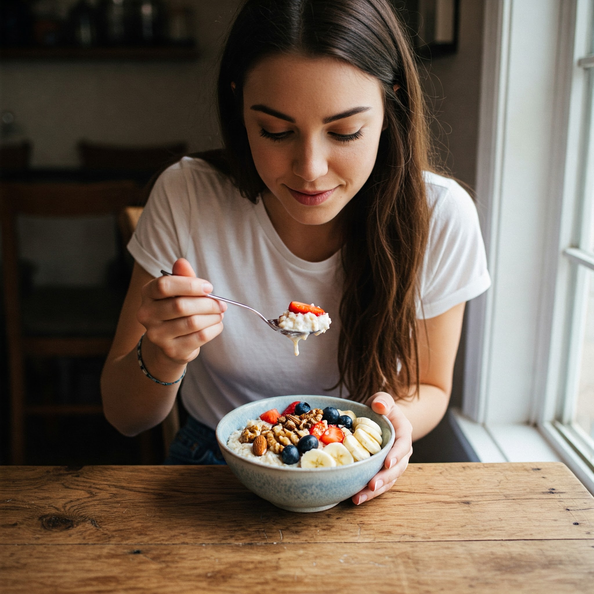 요거트를 먹고있는 한 여성