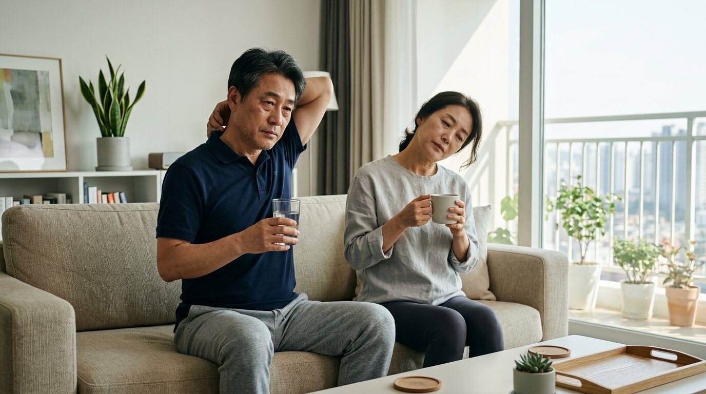 건강검진은 정상인데도 만성피로를 느끼는 중년 남녀의 건강 관리 이미지