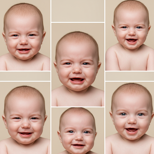 다양한 표정을 짓는 아기의 모습. 웃음, 울음, 호기심, 기쁨 등 여러 감정을 표현하며 유아기의 감정 발달 과정을 보여주는 장면.