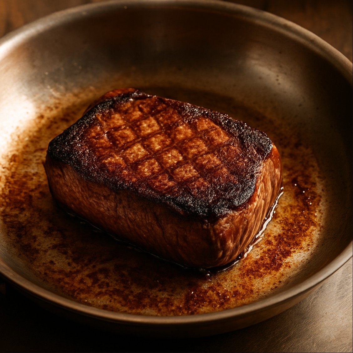 스텐후라이팬에서 고기가 맛있게 시어된 조리 장면