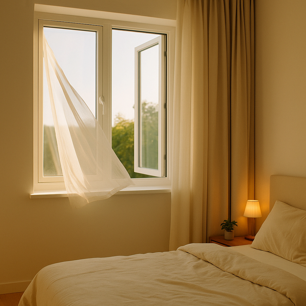 아침 햇살과 부드러운 바람이 들어오는 환기된 침실