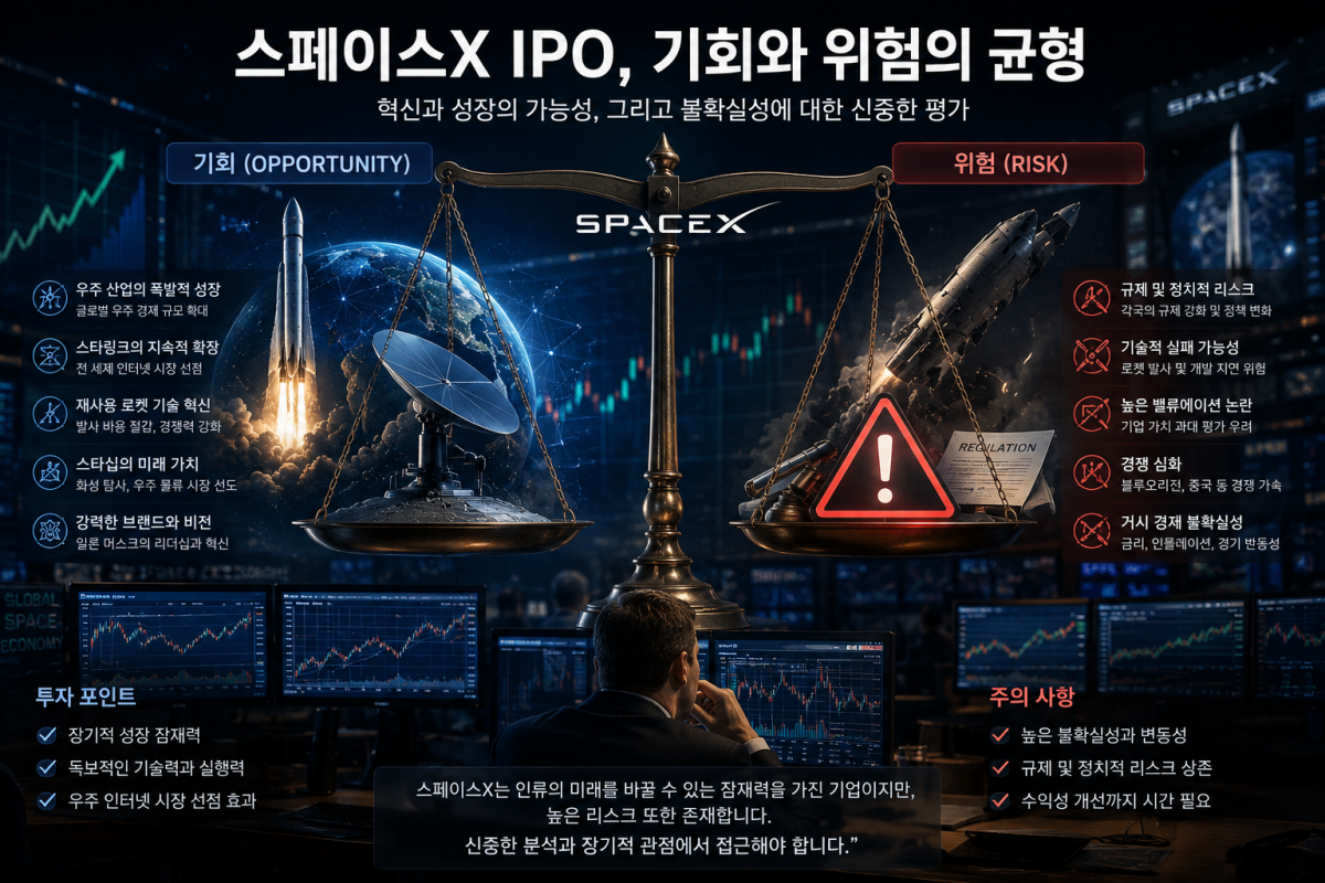 SpaceX IPO 투자 기회와 위험 요인 분석 인포그래픽