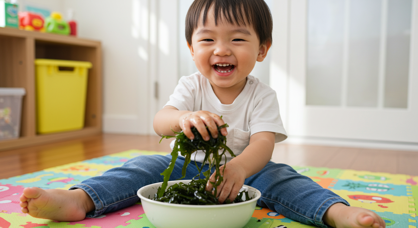 36개월 아이. 미역을 통한 촉감놀이를 하고 있다.