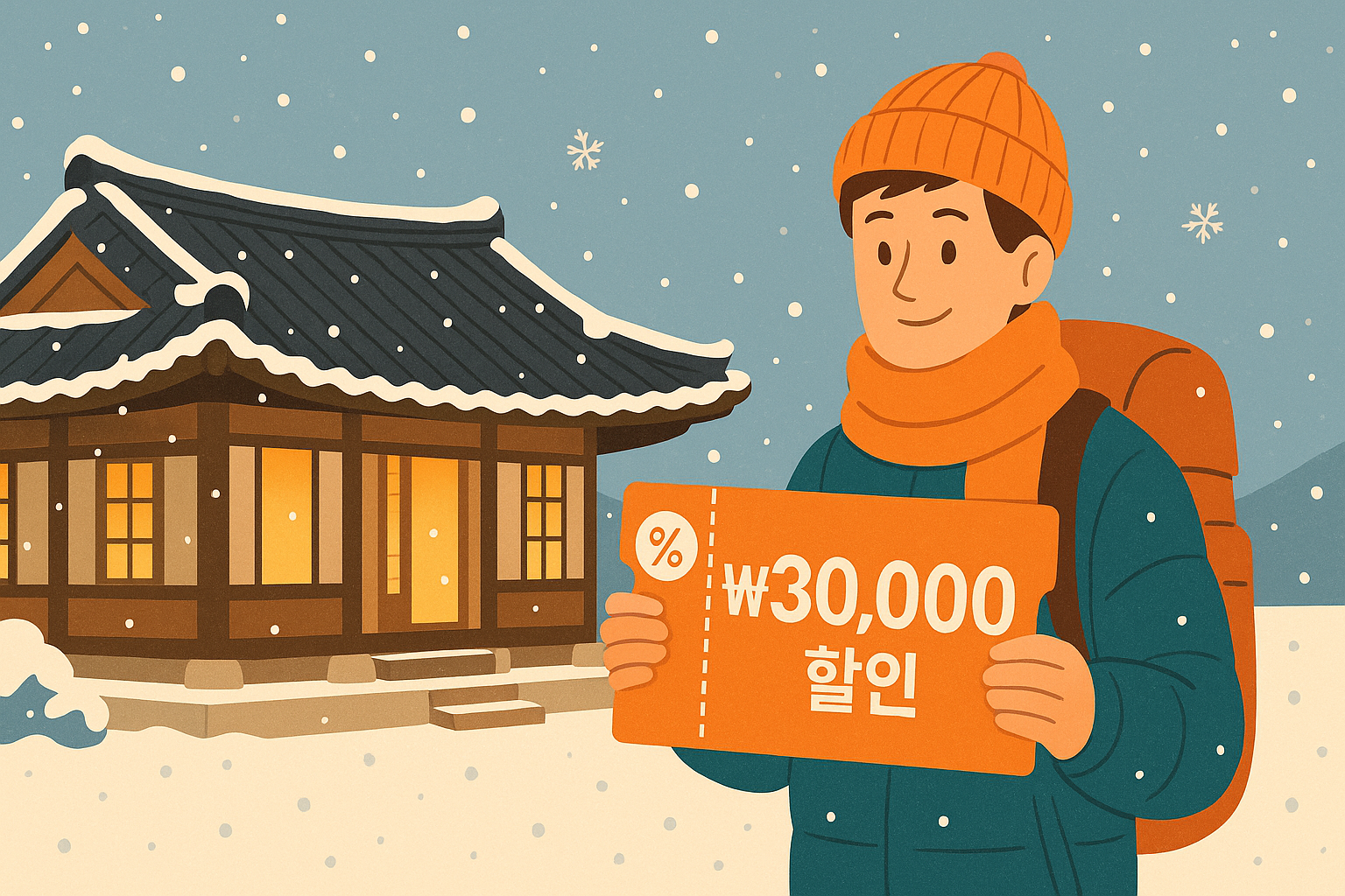 눈 내리는 한옥 앞에서 3만원 할인 쿠폰을 들고 있는 여행객 일러스트 &ndash; 숙박세일페스타 홍보 이미지