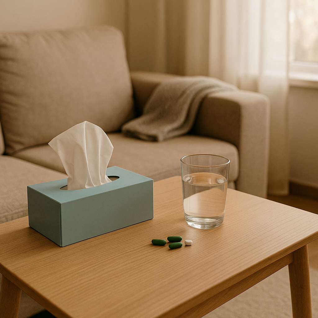 거실 테이블위에 있는 휴지, 독감약, 물컵, 실사형 이미지