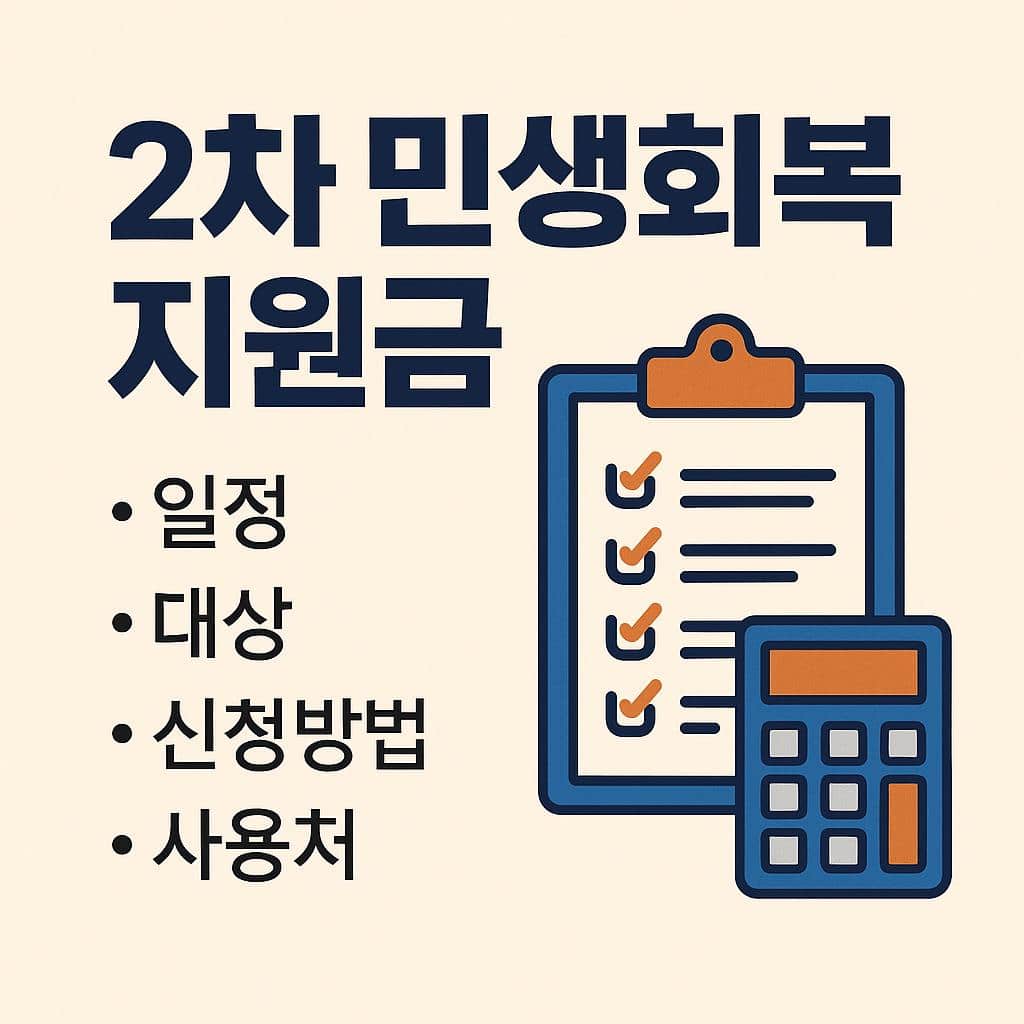 2차 민생회복지원금 안내 이미지, 일정·대상·신청방법·사용처를 강조한 체크리스트와 계산기 일러스트