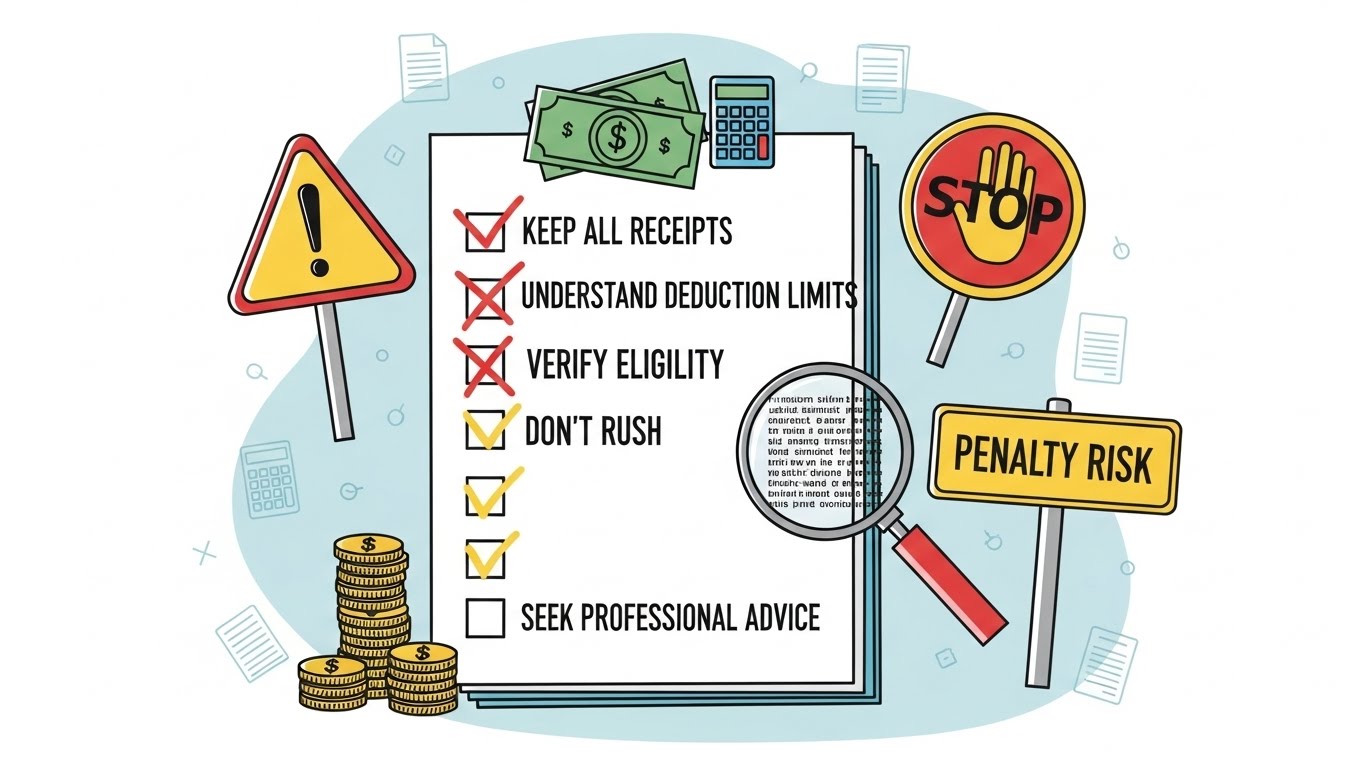 연말정산 학원비 공제 신청 시 주의사항을 나타내는 체크리스트와 돋보기, 경고 표지판.