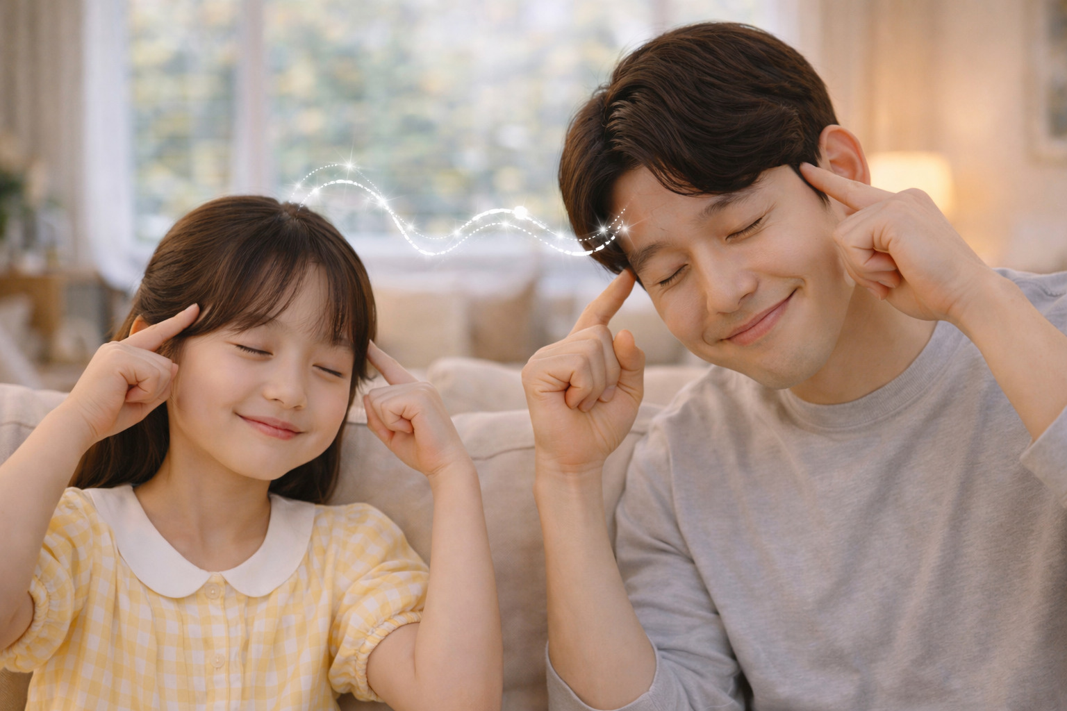눈을 감고 손가락을 머리에 대며 텔레파시 놀이를 하는 7살 소녀와 아빠의 장난스럽고 따뜻한 순간