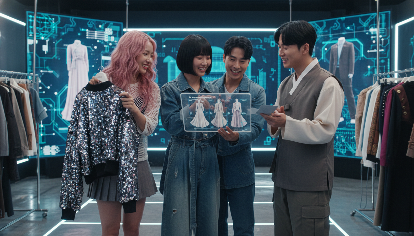 AI 패션 추천을 보며 자신의 스타일을 논의하는 젊은 한국인들, AI와 함께하는 개성 있는 패션 큐레이션 과정을 상징.
