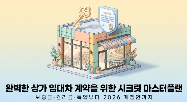 상가 임대차 계약: 상가 건물 위에 열쇠와 계약서가 놓인 일러스트 이미지. 상가 임대차 계약 전 반드시 확인해야 할 보증금 구조와 환산보증금 계산법 그리고 상가 권리금의 종류별 산정 기준과 계약서 특약사항을 총정리한 블로그 대표 이미지로 2026년 상가임대차보호법 개정 사항까지 반영한 계약 전 확인사항 가이드를 시각적으로 전달함