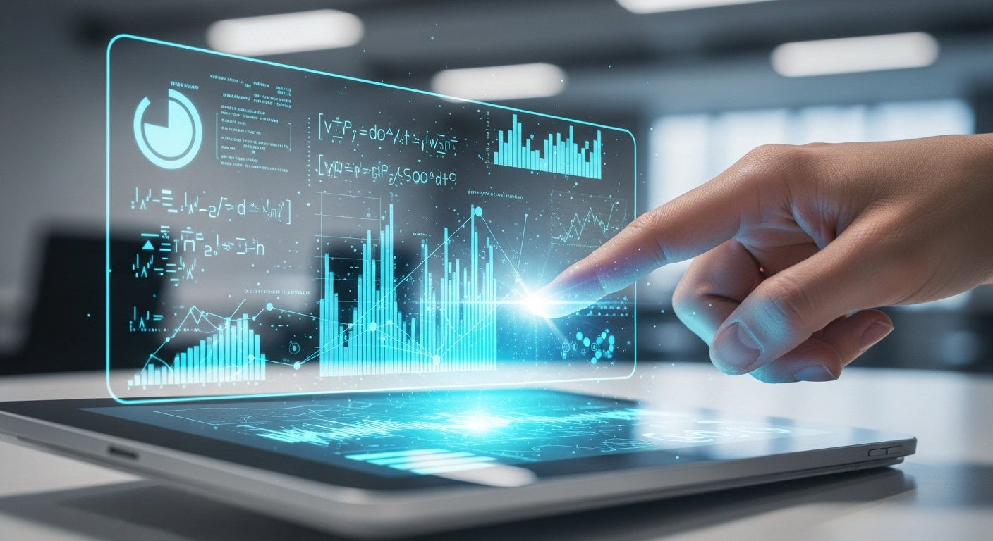 사람의 손이 홀로그램 인터페이스에서 AI가 데이터를 분석하여 복잡한 그래프와 차트로 변환하는 모습을 조작하는 이미지. 효율적인 데이터 시각화 과정을 상징.