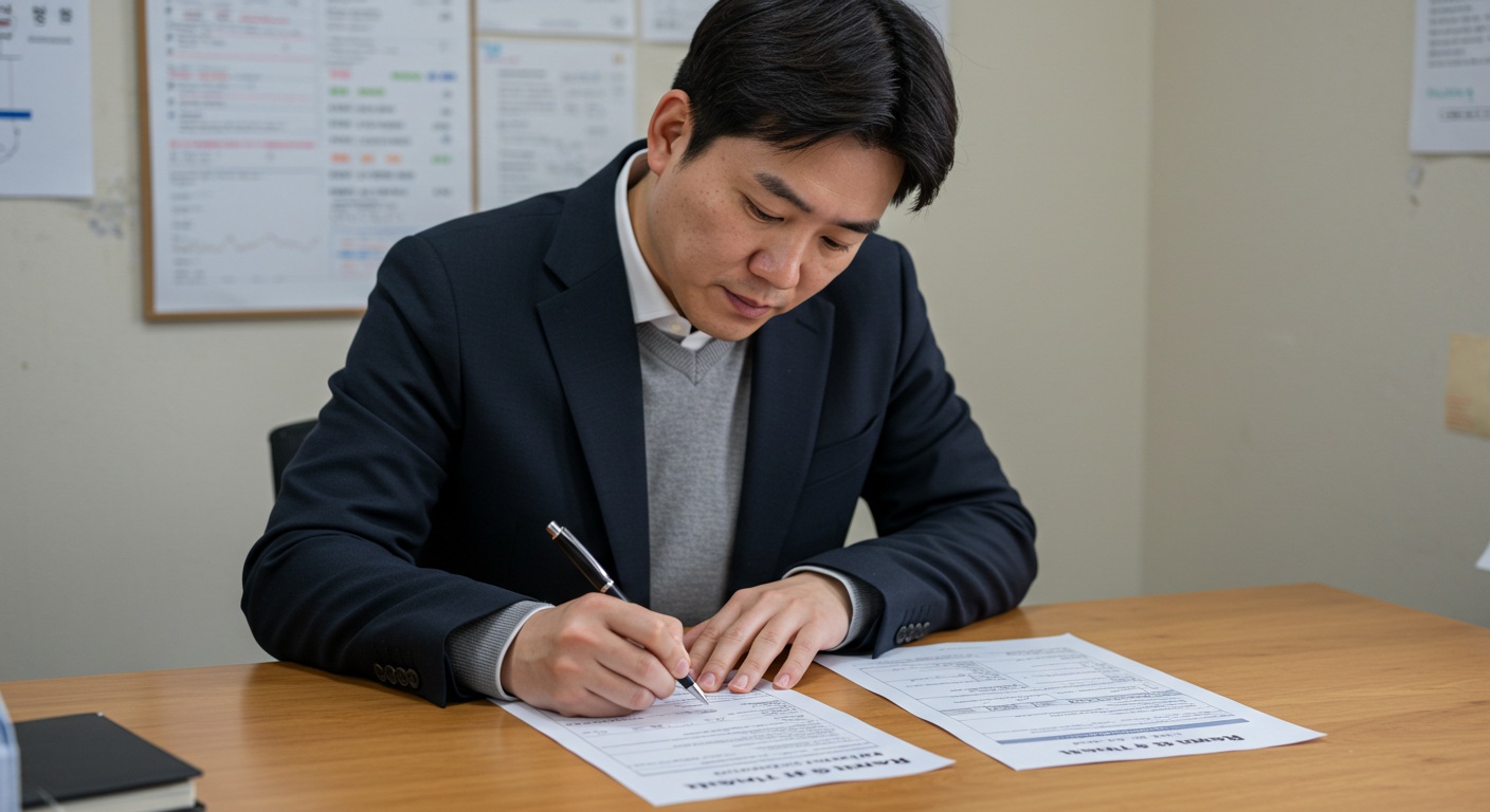 건강검진 신청서와 서류를 작성하는 소상공인의 모습