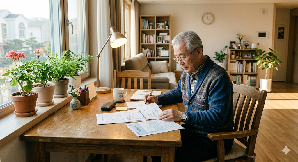 따뜻한 빛이 드는 실내에서 노인 한 명이 테이블에 앉아 서류를 살펴보는 장면, 생활 밀착형 분위기, 밝고 깔끔한 주거 공간
