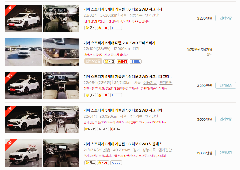 기아 스포티지 중고차 가격 시세표 24년 10월