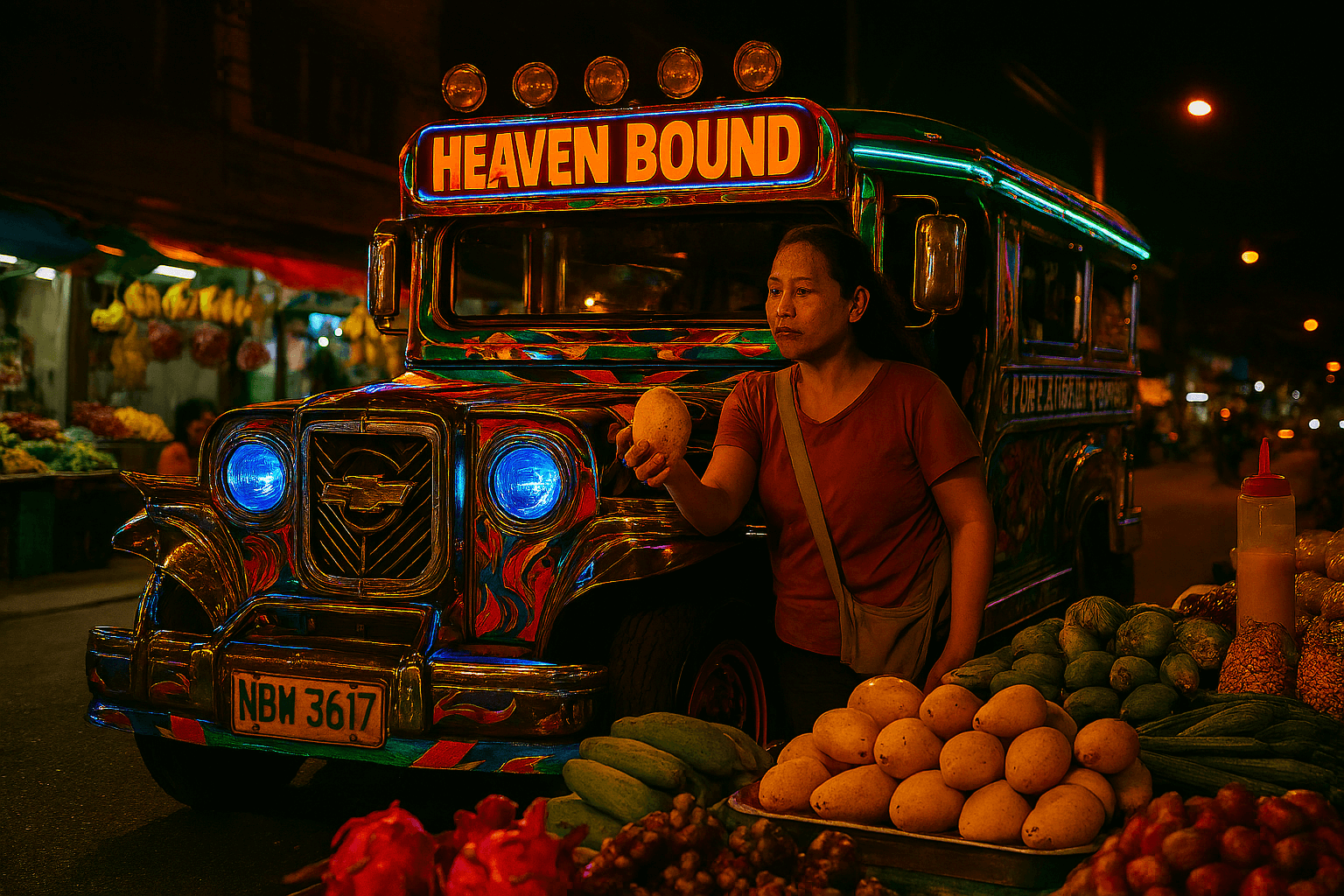 밤이 되어 조명으로 더욱 빛나는 필리핀 지프니의 화려한 외관과 장식. 필리핀여행의 밤 풍경을 밝힌다.