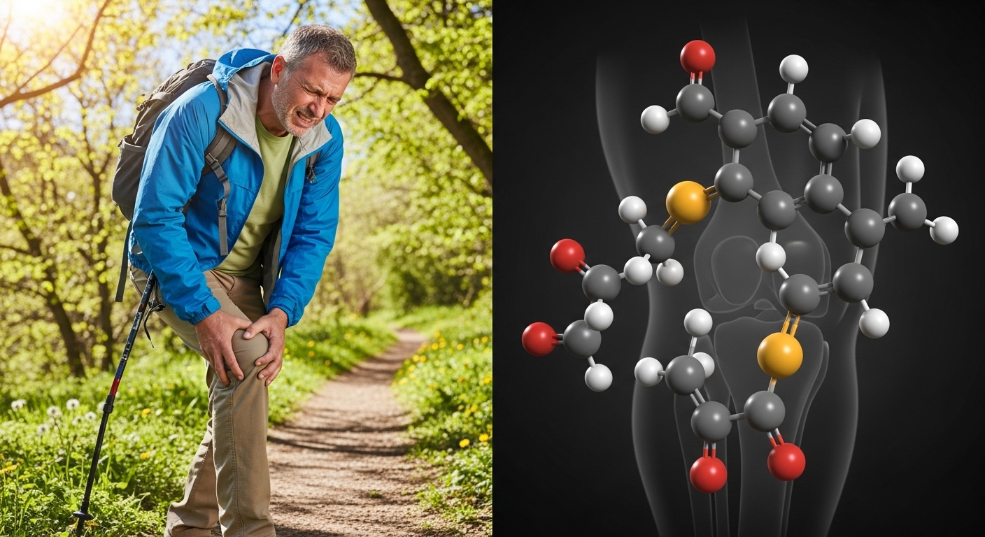 봄철 산행 중 무릎 통증을 느끼는 중년 남성과 콘드로이친 분자 구조가 대비된 이미지
