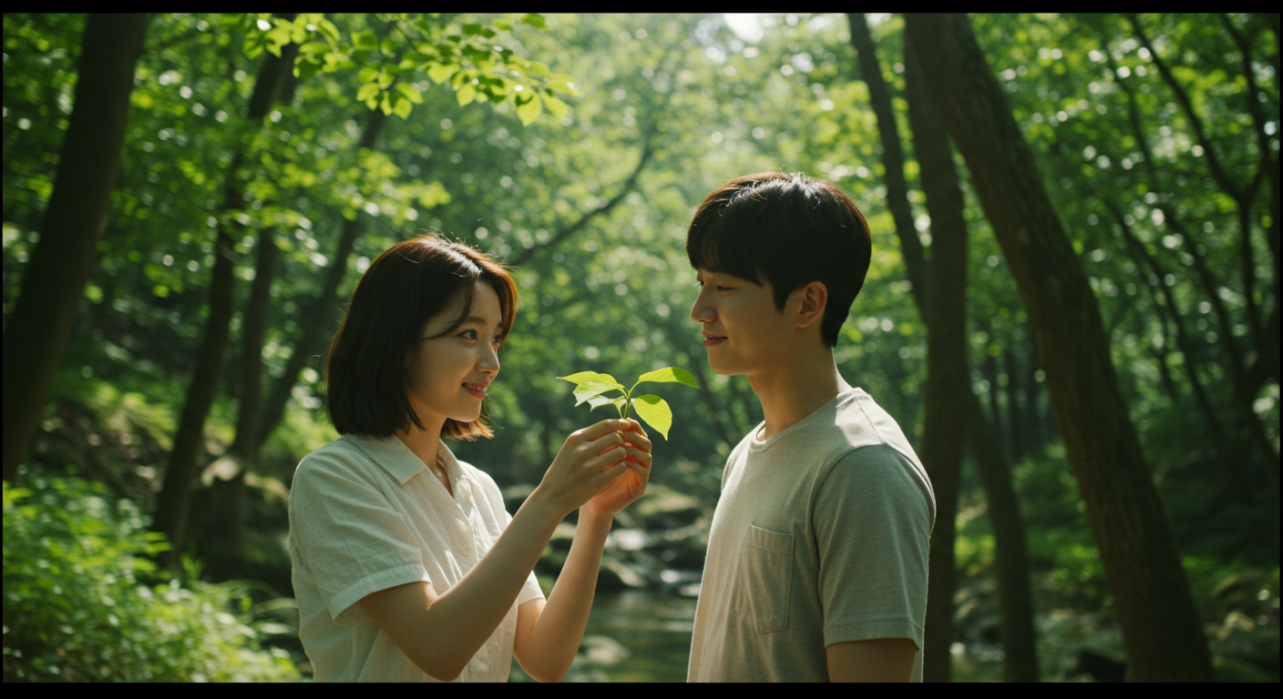 강원도 숲길에서 휴식을 취하며 자연을 즐기는 한국인 커플