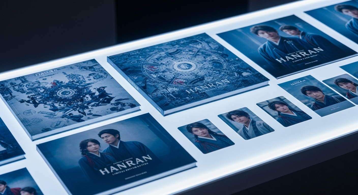 한란 특별 상영회 한정판 OST LP, 아트북, 포토카드 등 다양한 굿즈들이 진열된 모습.