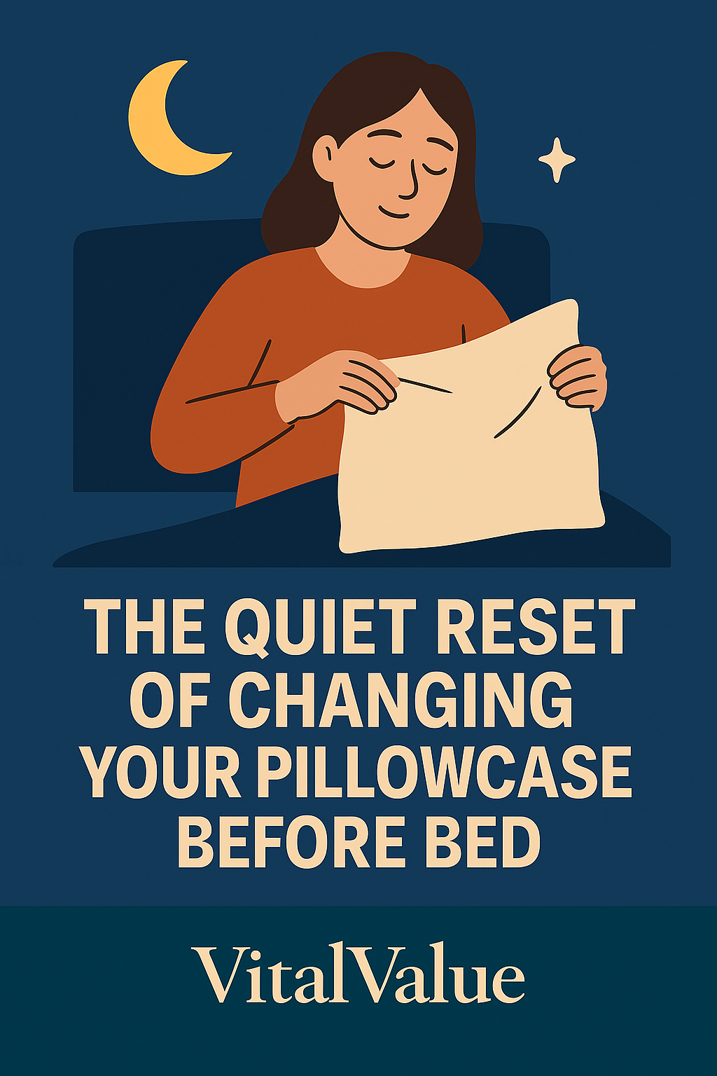 VITALVALUE poster showing a calm person changing their pillowcase at night, symbolizing a quiet reset and gentle preparation for restful sleep.