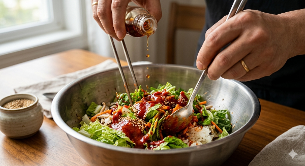 현대적인 스테인리스 볼에 채 썬 봄동과 붉은 양념장을 넣고 버무리는 손길. 고소한 참기름 방울이 떨어지는 찰나를 포착한 생동감 넘치는 고해상도 요리 사진.