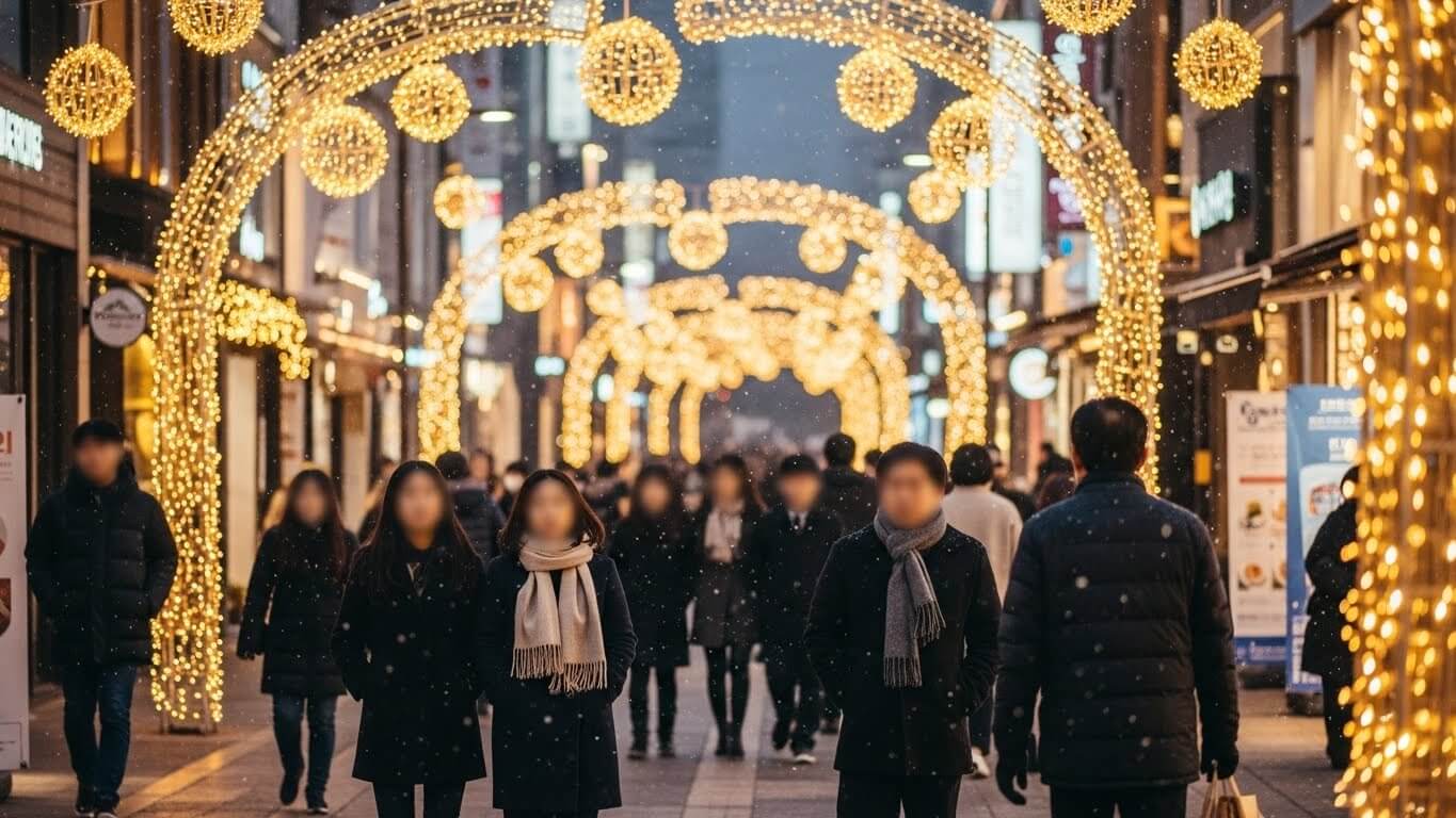 서울 도심의 거리에서 크리스마스 조명 아래 걷는 사람들 모습. 따뜻한 노란빛 장식과 겨울 분위기가 어우러진 명동 일대의 연말 풍경.