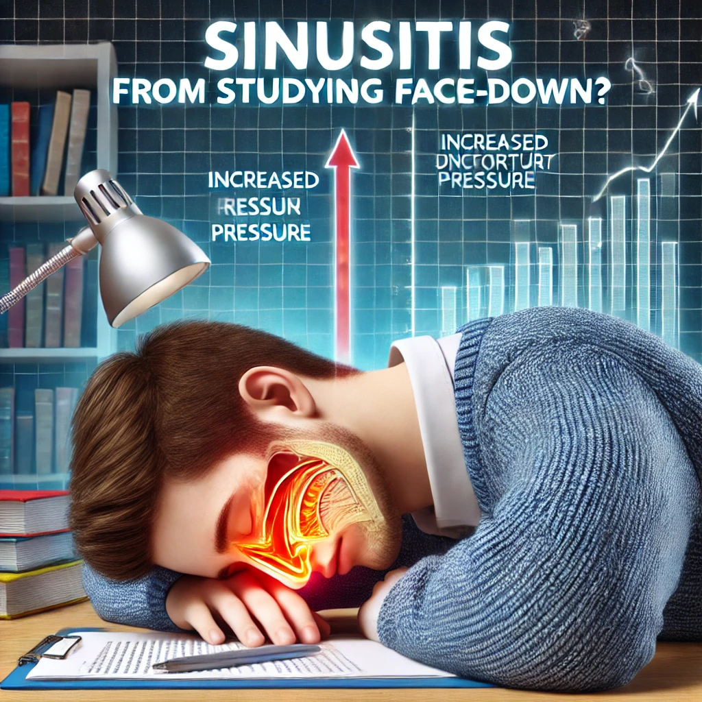 엎드린 자세로 자는 남학생의 모습과 그런 자세로 인한 점액 정체로 축능증이 생기는 모습을 설명한 이미지