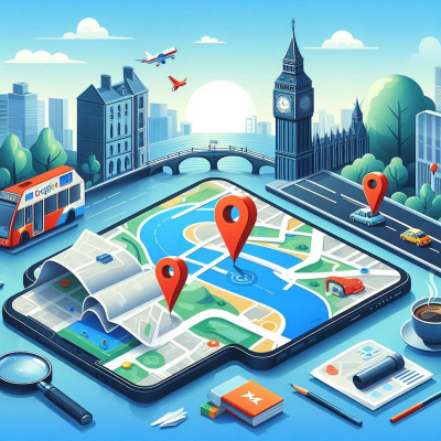 모바일 지도와 여러 위치 아이콘이 포함된 3D 지도 화면