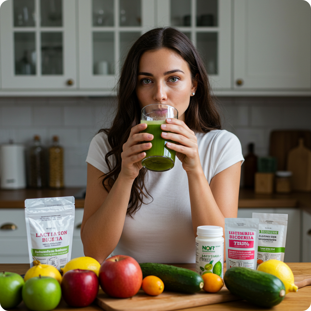 장 건강과 피부를 위한 해독주스를 마시는 건강한 여성의 모습