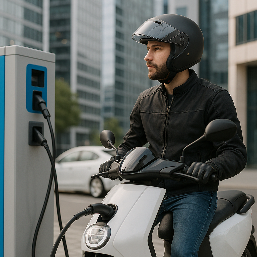 전기 오토바이를 충전 중인 남성