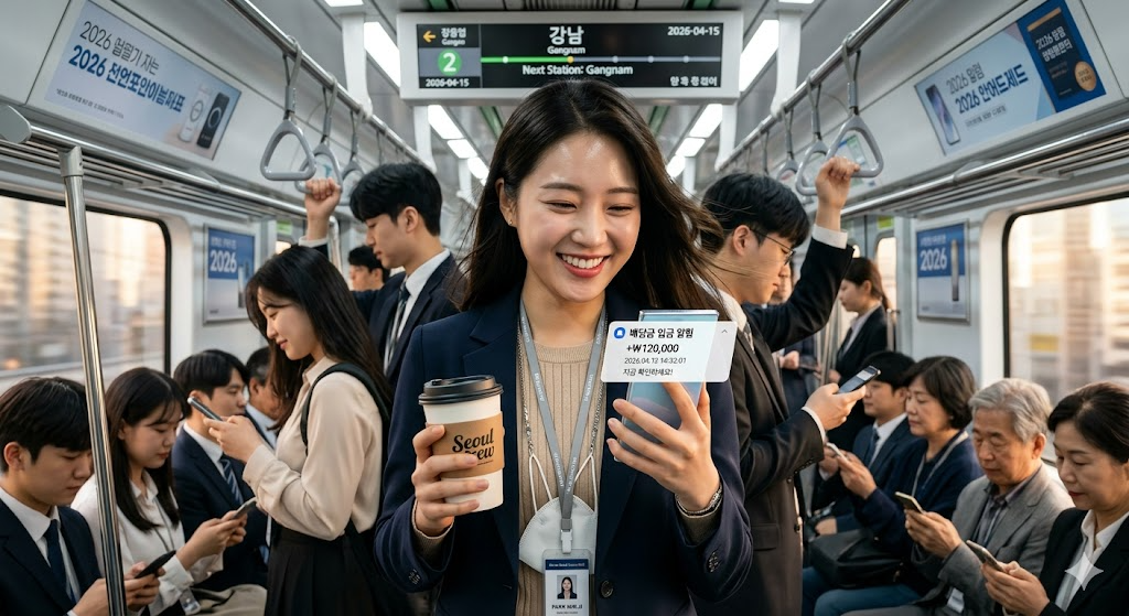 화요일 아침 출근길, 지하철 안에서 한 손에는 커피를 들고 다른 한 손으로는 스마트폰의 월배당 입금 알람을 보며 미소 짓는 직장인의 모습