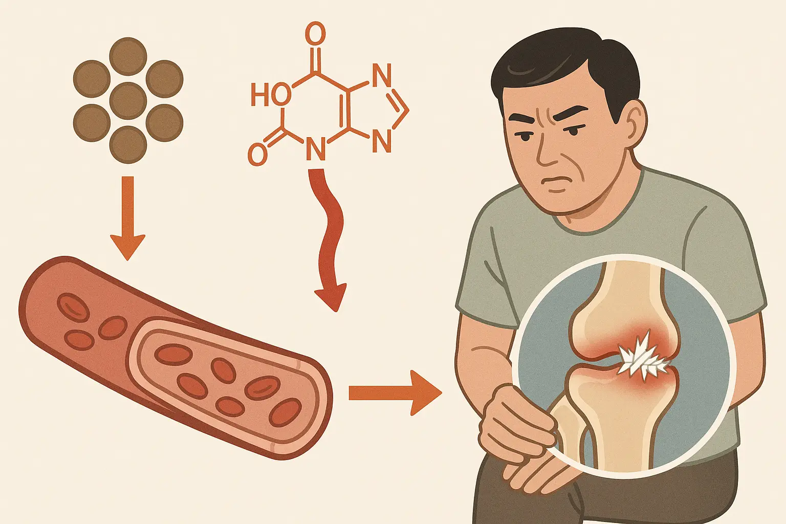 퓨린 → 요산 → 혈액 속 축적 → 관절에 결정체 형성 과정