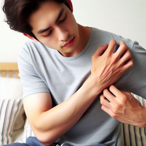 섬유 알러지로 몸을 긁고 있다.