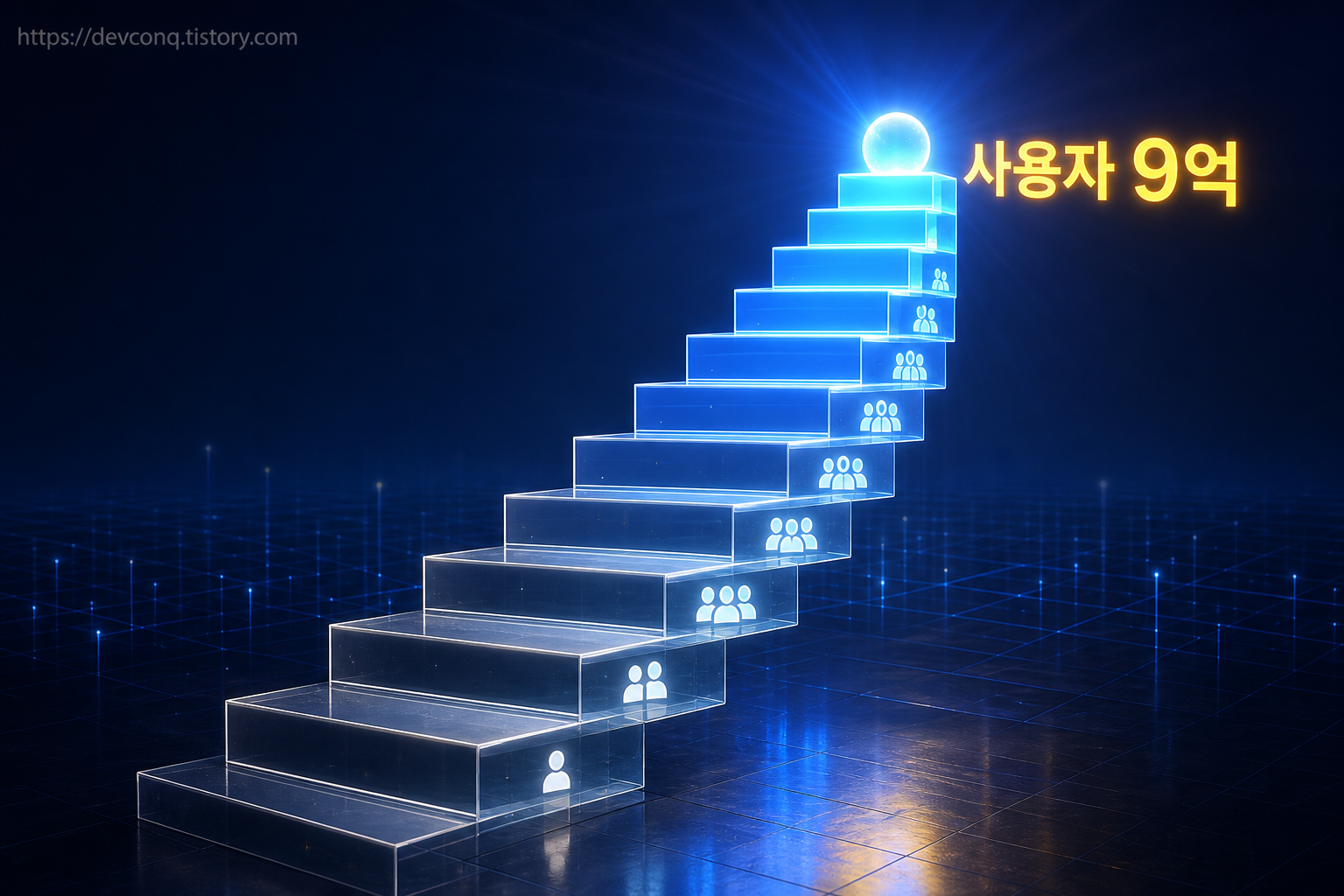 제미나이 사용자 성장을 표현한 상승하는 유리 계단 오브젝트 장면