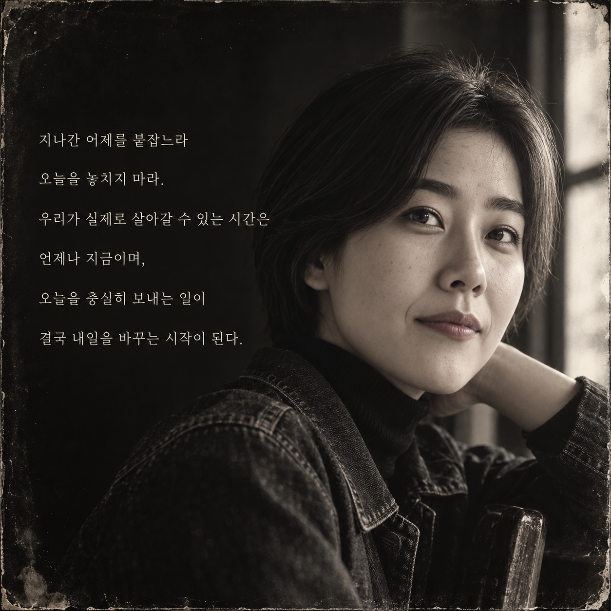 지나간 어제를 붙잡느라 오늘을 놓치지 마라. 우리가 실제로 살아갈 수 있는 시간은 언제나 지금이며, 오늘을 충실히 보내는 일이 결국 내일을 바꾸는 시작이 된다.