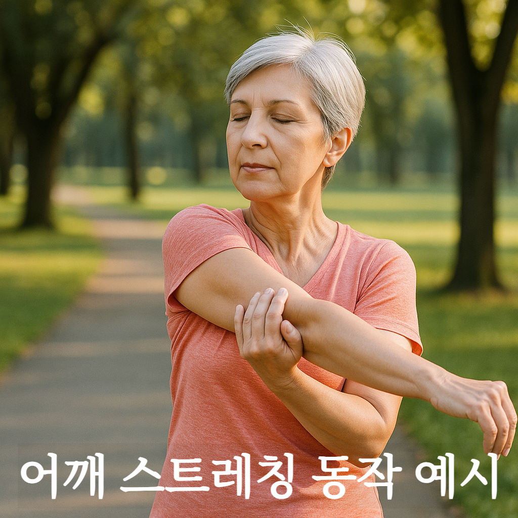 공원에서 한 팔을 가슴 앞으로 당기며 어깨 스트레칭 하는 60대 여성