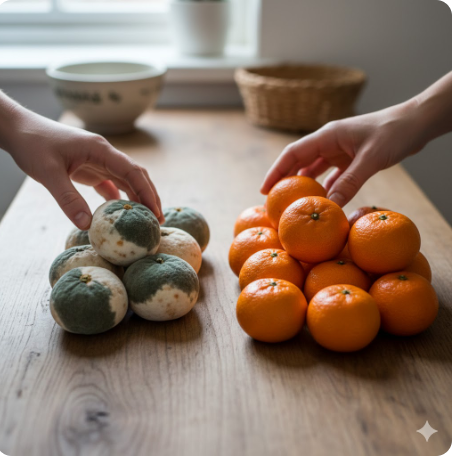 곰팡이 핀 귤과 깨끗한 귤을 분류하는 이미지