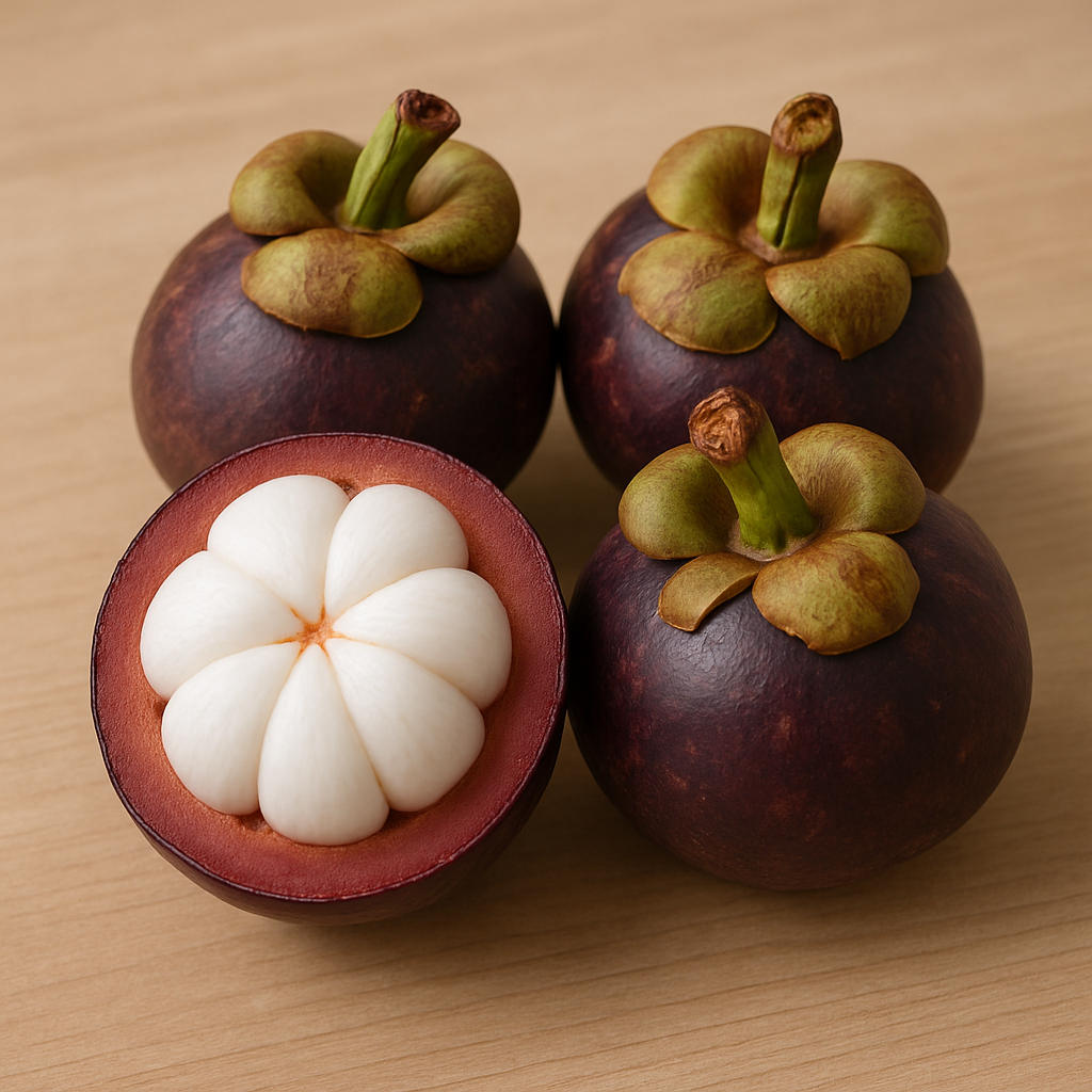 반으로 자른 망고스틴과 통째 과일 3개가 나란히 놓인 모습