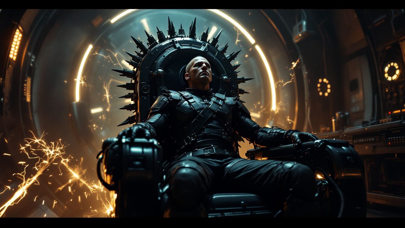 시간여행 장치로 사용되는 전기의자에 앉아 있는 군인의 모습, 고압 전류와 실험실 배경 포함