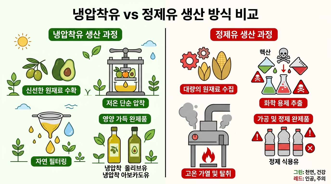 압착유 정제유 차이 냉압착 식용유 선택 기준 비교 인포그래픽