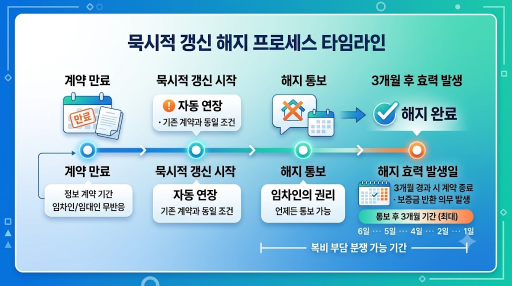묵시적 갱신 해지 타임라인 - 해지 통보 후 3개월 지나야 효력 발생하는 임대차 종료 절차
