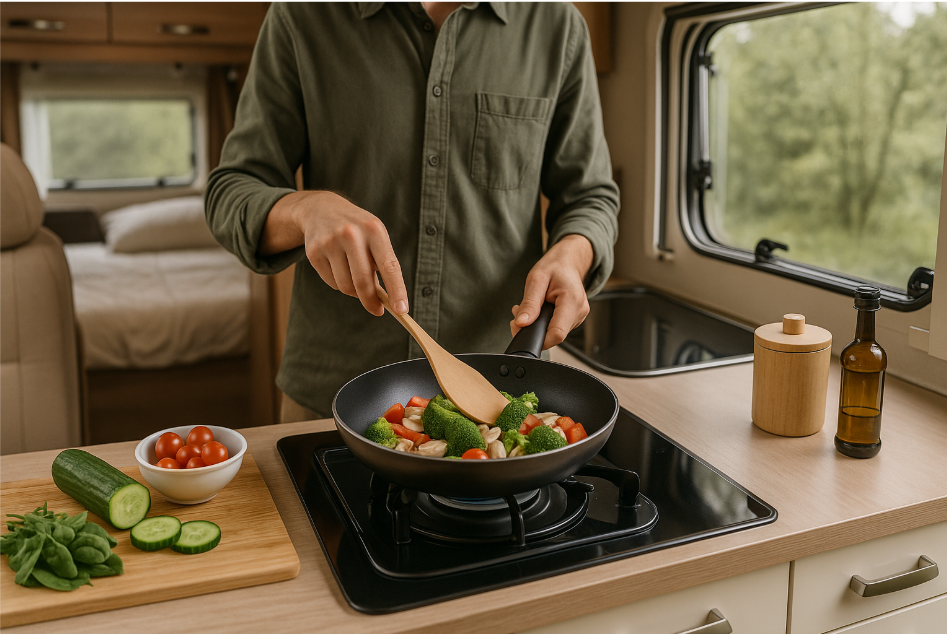 캠핑카 내부에서 요리 중인 모습과 신선한 재료