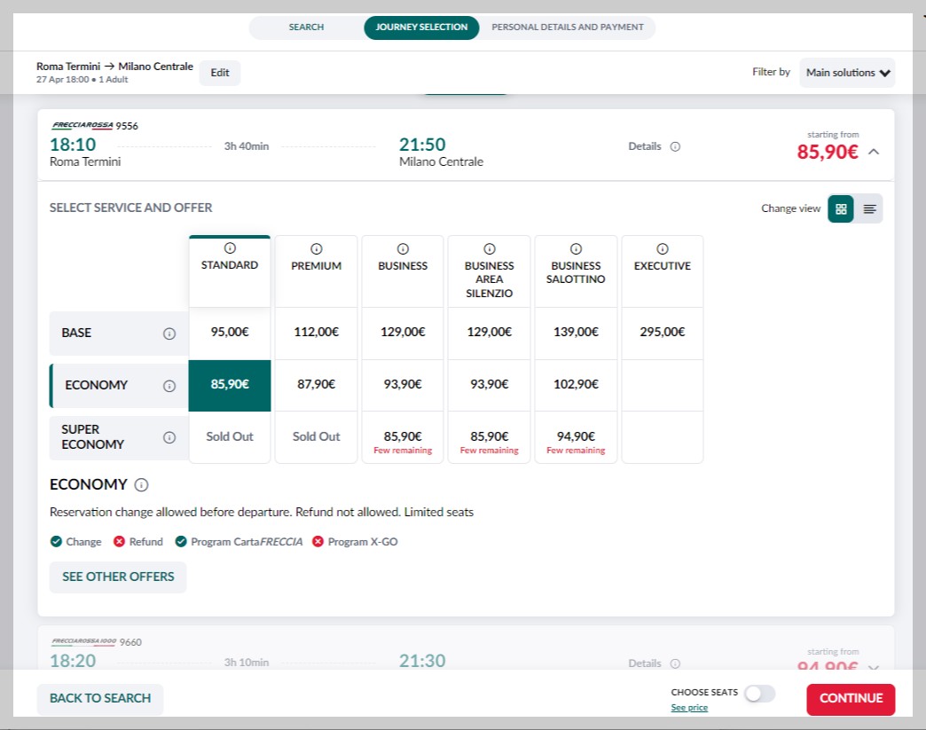 트랜이탈리아 기차 좌석 지정과 가격