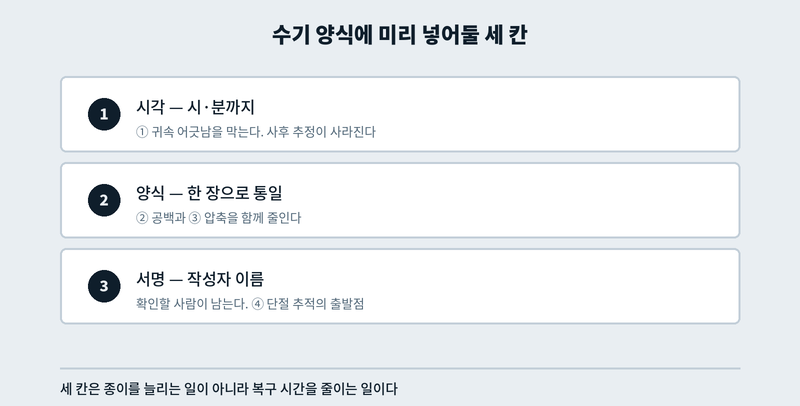수기 양식에 넣을 세 칸: 시각, 통일된 양식, 작성자 서명